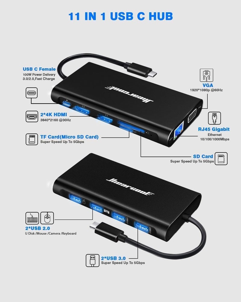 Hiearcool USB C Laptop Docking Station, 11-in-1 Type C Hub Multiport Adapter Dongle, USB C Dock with Dual HDMI VGA 100W PD Charging Gigabit Ethernet for Dell HP Lenovo Windows Laptops - Image 2